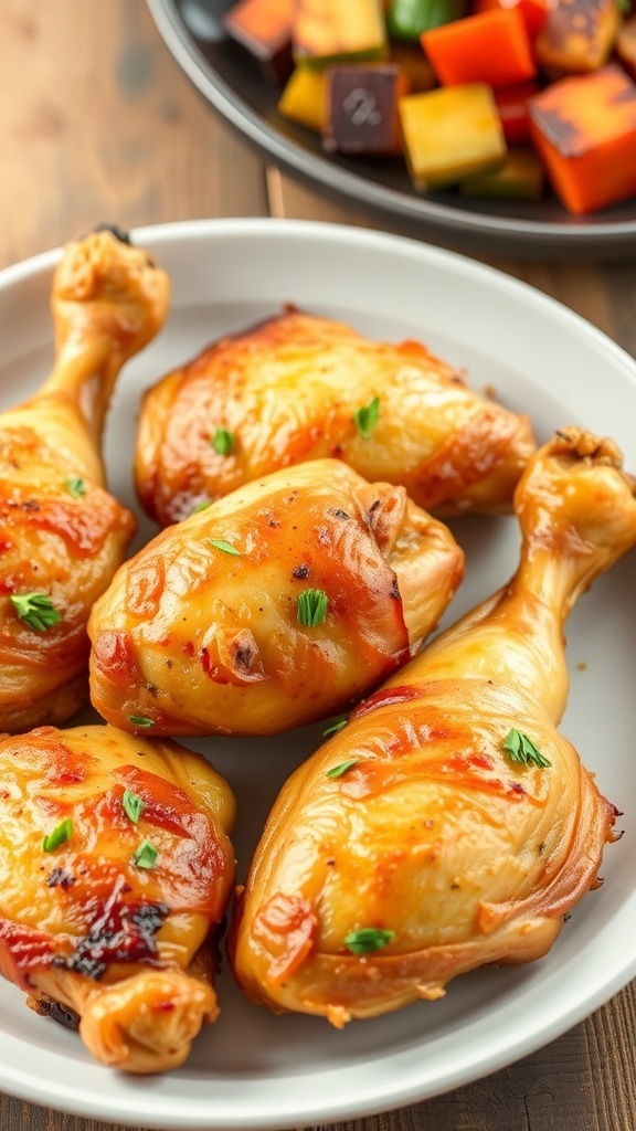 Crispy air fryer chicken leg quarters served with roasted vegetables on a rustic plate.